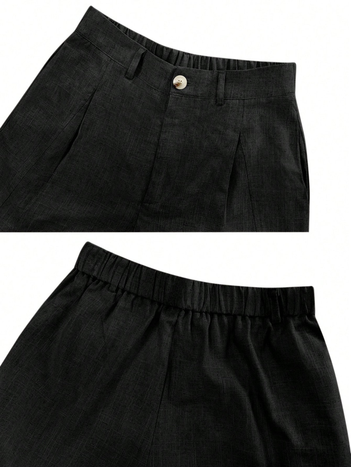 Women's Casual Linen Blend Pleated Design Side Pocket A-Line Shorts, Spring/Summer Black, Vacationcore, Everyday Wear