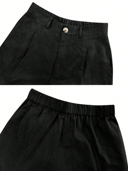 Women's Casual Linen Blend Pleated Design Side Pocket A-Line Shorts, Spring/Summer Black, Vacationcore, Everyday Wear