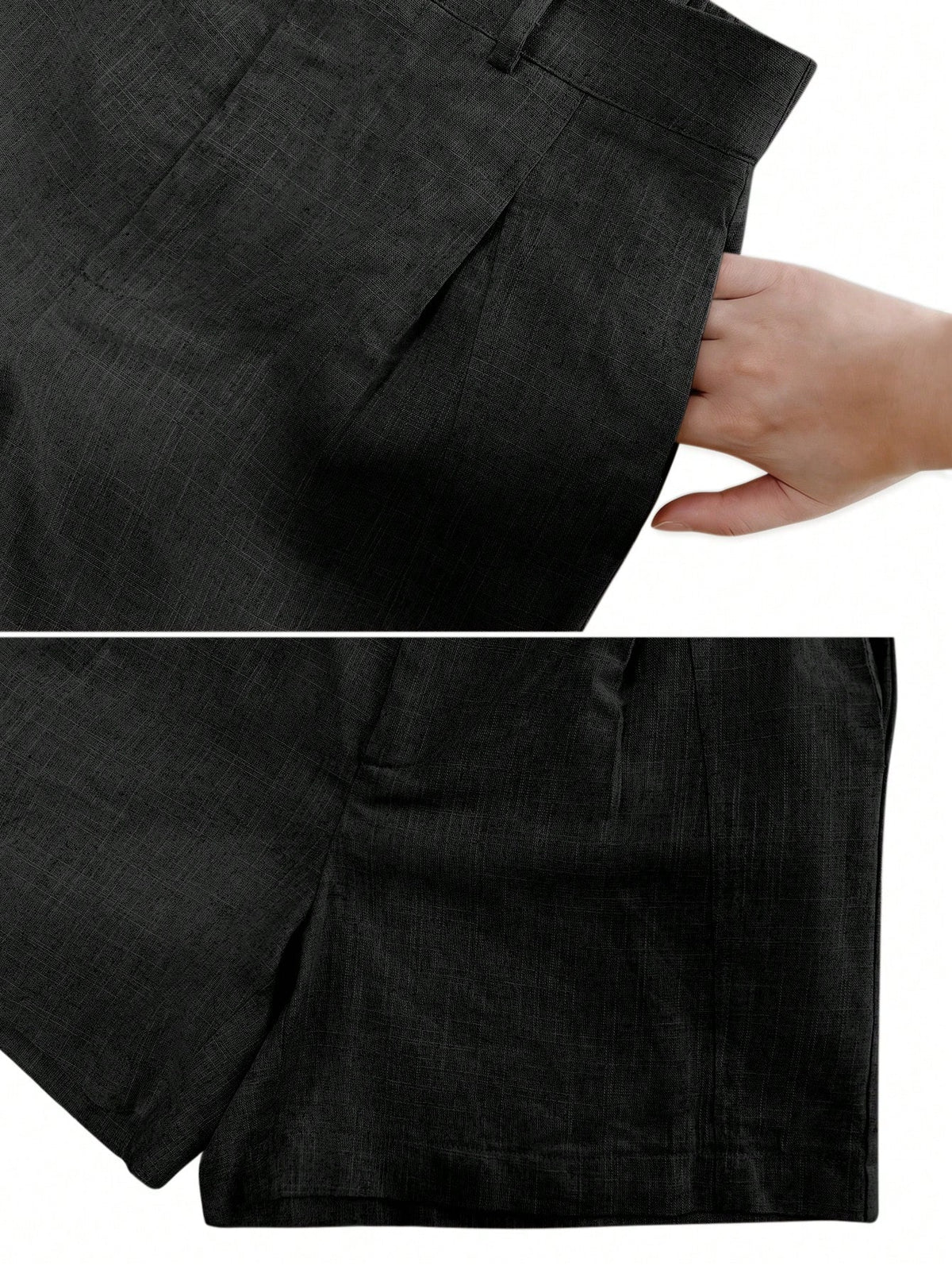 Women's Casual Linen Blend Pleated Design Side Pocket A-Line Shorts, Spring/Summer Black, Vacationcore, Everyday Wear