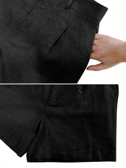 Women's Casual Linen Blend Pleated Design Side Pocket A-Line Shorts, Spring/Summer Black, Vacationcore, Everyday Wear