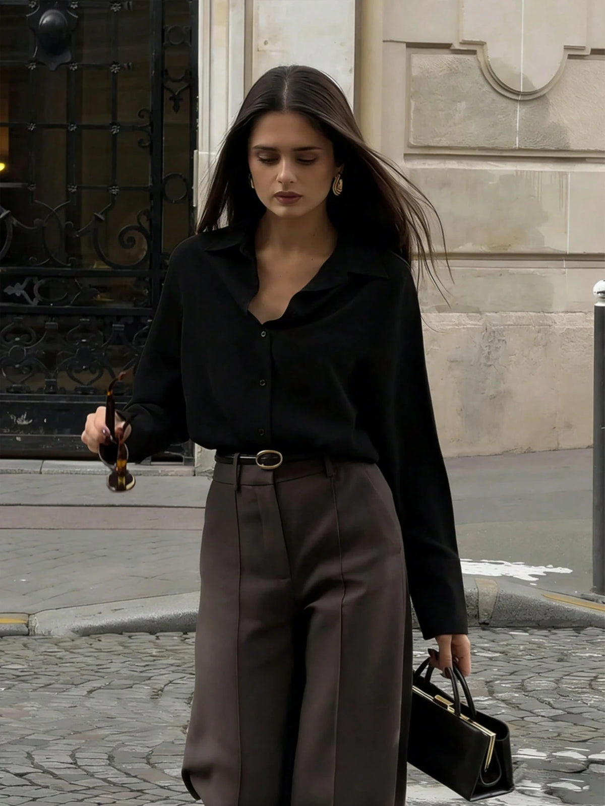 Women's Casual Loose Elegant Polo Collar Long Sleeve Shirt, Minimalist Style Black
