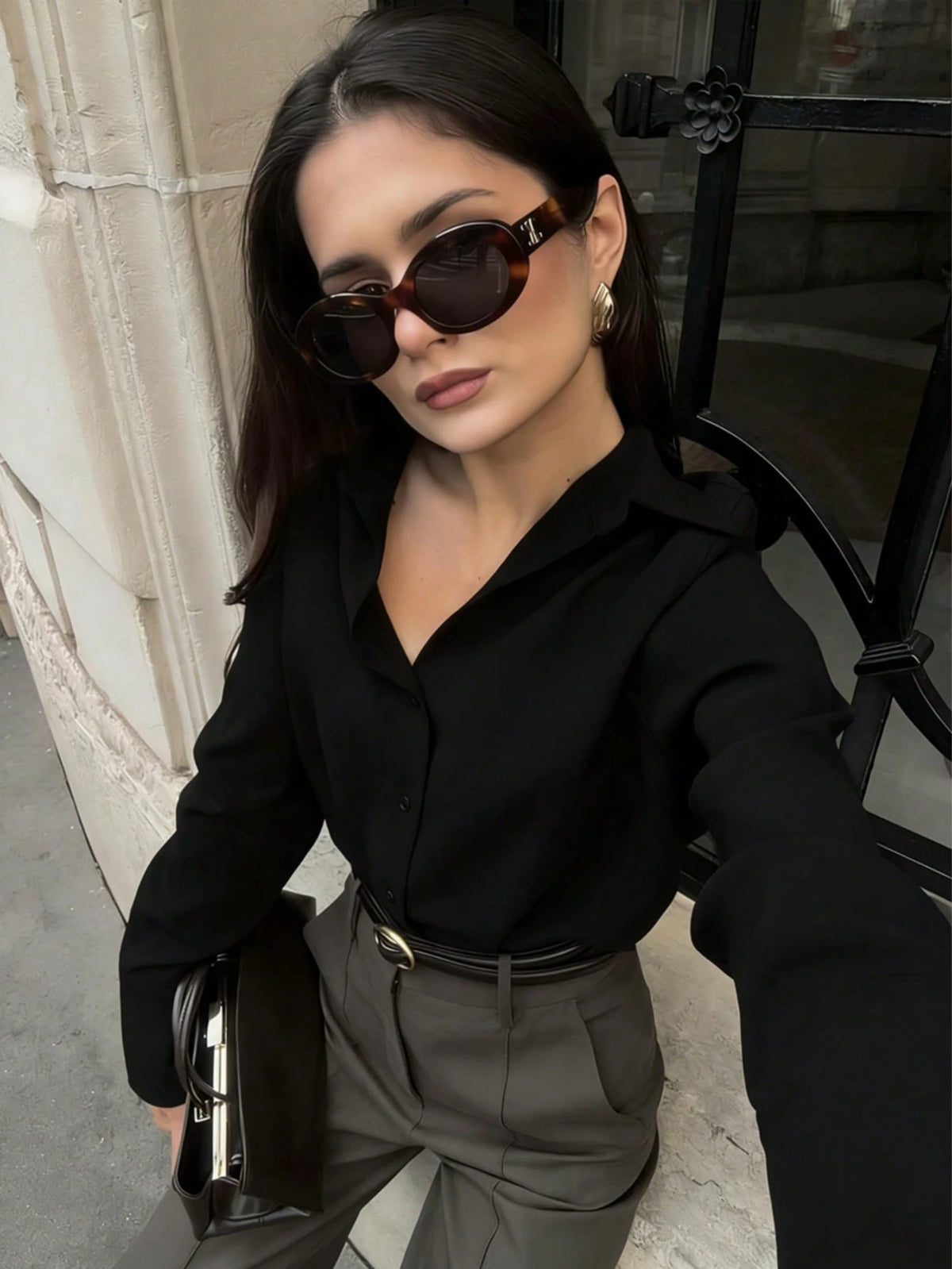 Women's Casual Loose Elegant Polo Collar Long Sleeve Shirt, Minimalist Style Black