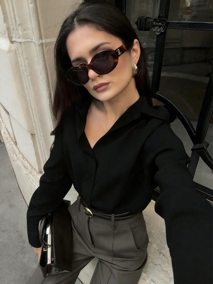 Women's Casual Loose Elegant Polo Collar Long Sleeve Shirt, Minimalist Style Black