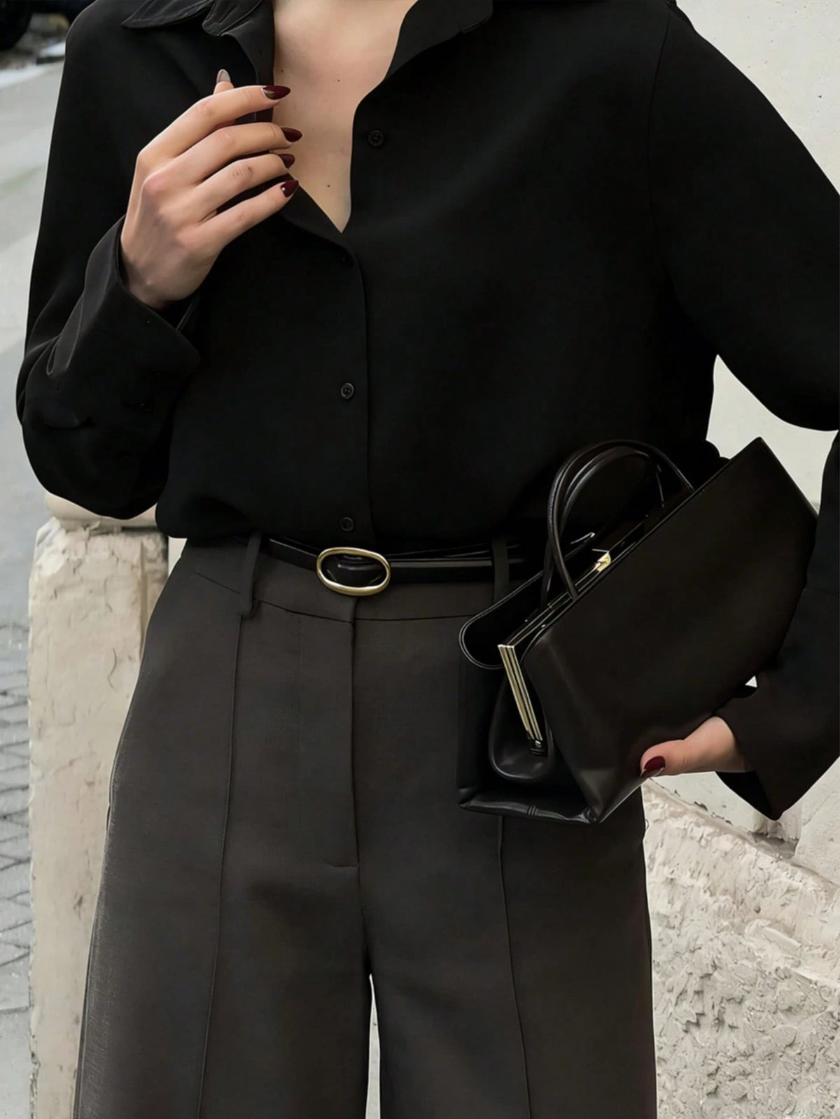 Women's Casual Loose Elegant Polo Collar Long Sleeve Shirt, Minimalist Style Black