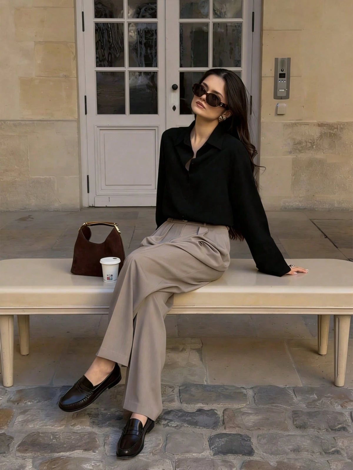 Women's Casual Loose Elegant Polo Collar Long Sleeve Shirt, Minimalist Style Black