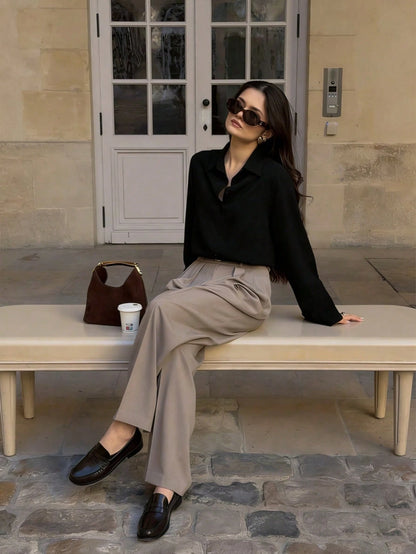Women's Casual Loose Elegant Polo Collar Long Sleeve Shirt, Minimalist Style Black