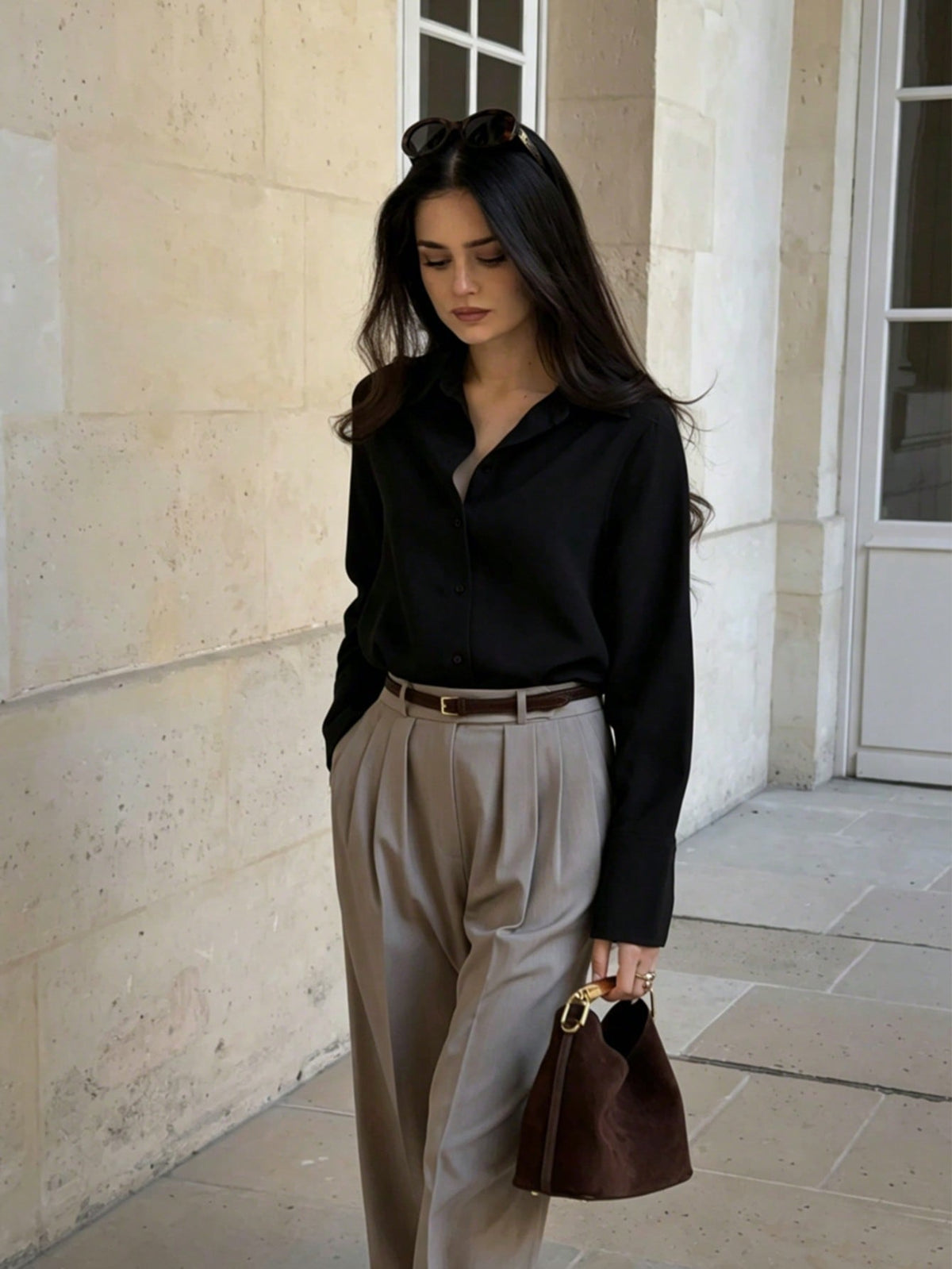 Women's Casual Loose Elegant Polo Collar Long Sleeve Shirt, Minimalist Style Black