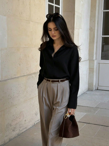 Women's Casual Loose Elegant Polo Collar Long Sleeve Shirt, Minimalist Style Black
