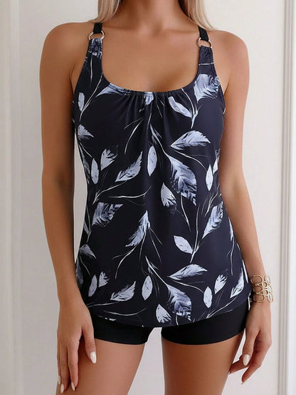 Women's Casual Round Neck Camisole Swimwear, With Ruched Bust Detail, Open Back Design, Paired With Leaf Print Top And Shorts, Showcasing Elegant Swimwear Style Vacation Beach Black Summer