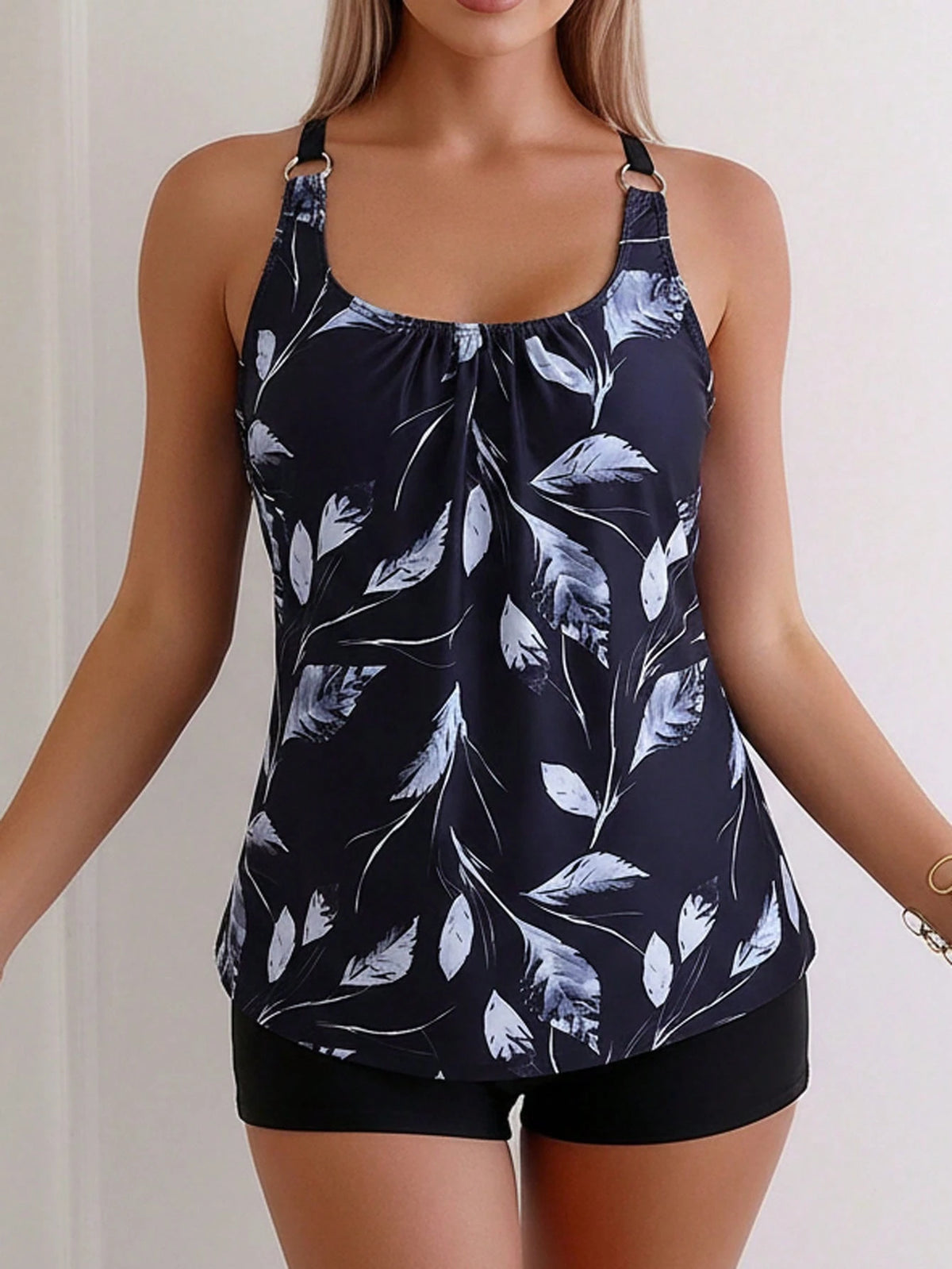 Women's Casual Round Neck Camisole Swimwear, With Ruched Bust Detail, Open Back Design, Paired With Leaf Print Top And Shorts, Showcasing Elegant Swimwear Style Vacation Beach Black Summer