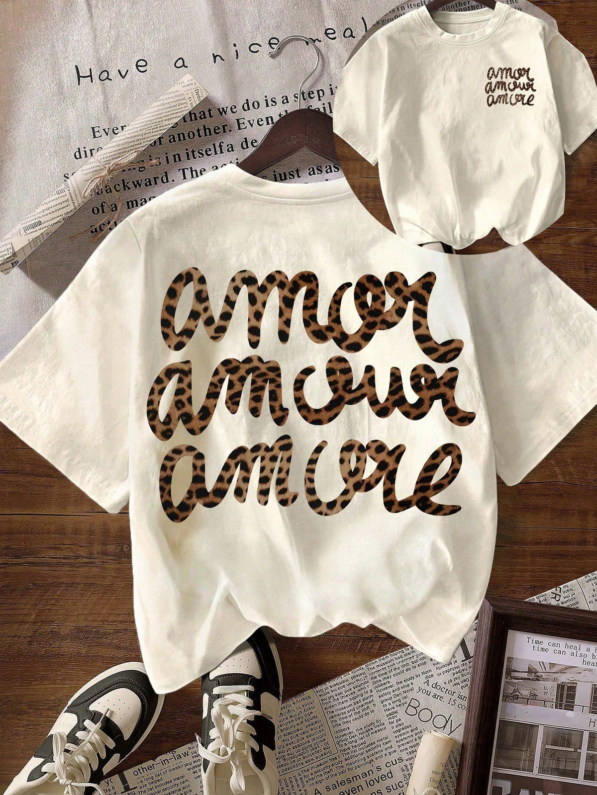 Women's Casual Round Neck Short Sleeve "More Love" Leopard Print T-Shirt, Autumn Clothing, Back To School Season Summer
