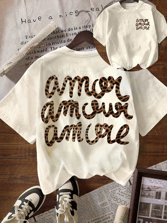 Women's Casual Round Neck Short Sleeve "More Love" Leopard Print T-Shirt, Autumn Clothing, Back To School Season Summer