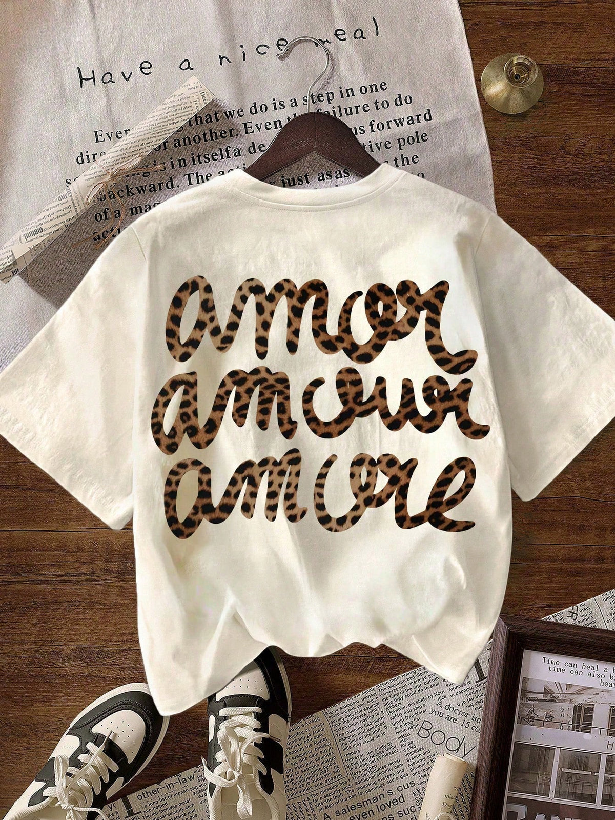 Women's Casual Round Neck Short Sleeve "More Love" Leopard Print T-Shirt, Autumn Clothing, Back To School Season Summer