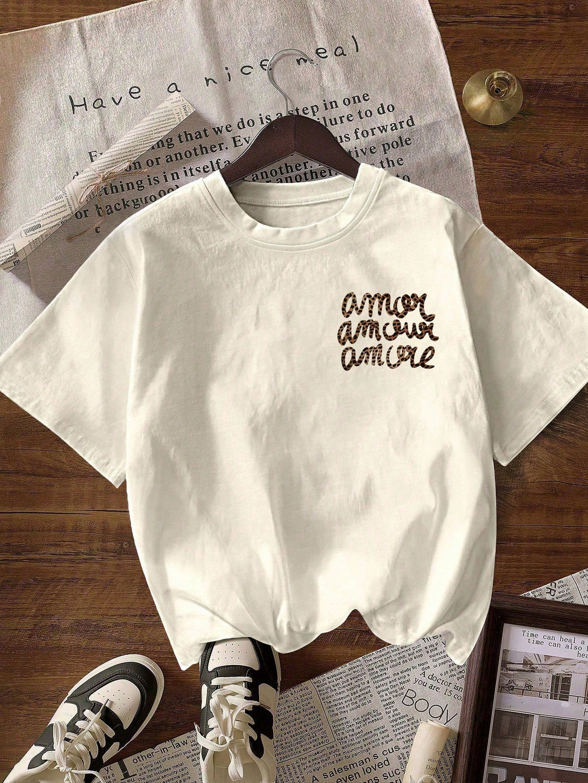 Women's Casual Round Neck Short Sleeve "More Love" Leopard Print T-Shirt, Autumn Clothing, Back To School Season Summer