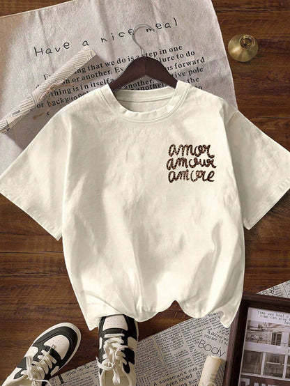 Women's Casual Round Neck Short Sleeve "More Love" Leopard Print T-Shirt, Autumn Clothing, Back To School Season Summer
