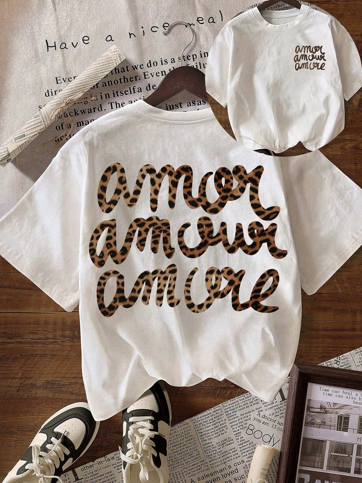 Women's Casual Round Neck Short Sleeve "More Love" Leopard Print T-Shirt, Autumn Clothing, Back To School Season Summer