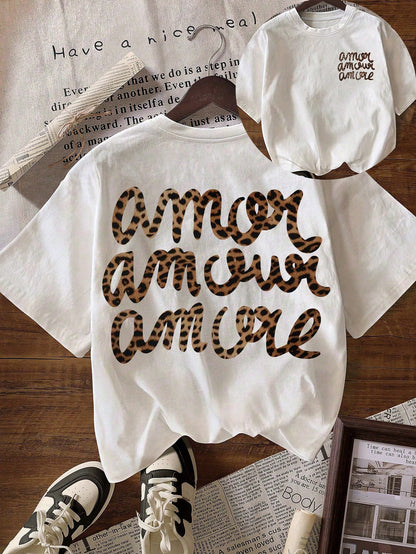 Women's Casual Round Neck Short Sleeve "More Love" Leopard Print T-Shirt, Autumn Clothing, Back To School Season Summer