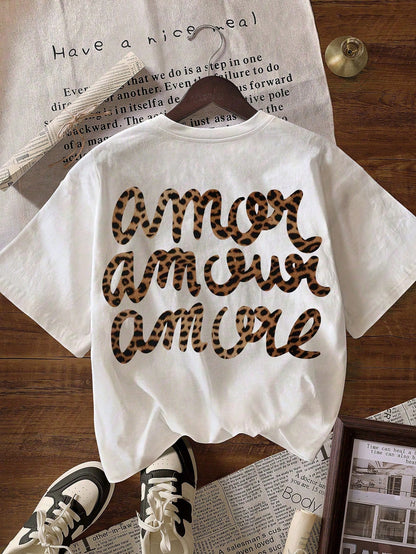 Women's Casual Round Neck Short Sleeve "More Love" Leopard Print T-Shirt, Autumn Clothing, Back To School Season Summer