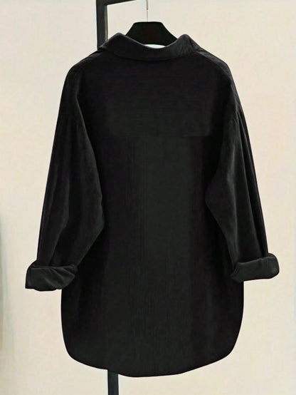 Women's Casual Solid Color Corduroy Single-Breasted Shirt Black Spring
