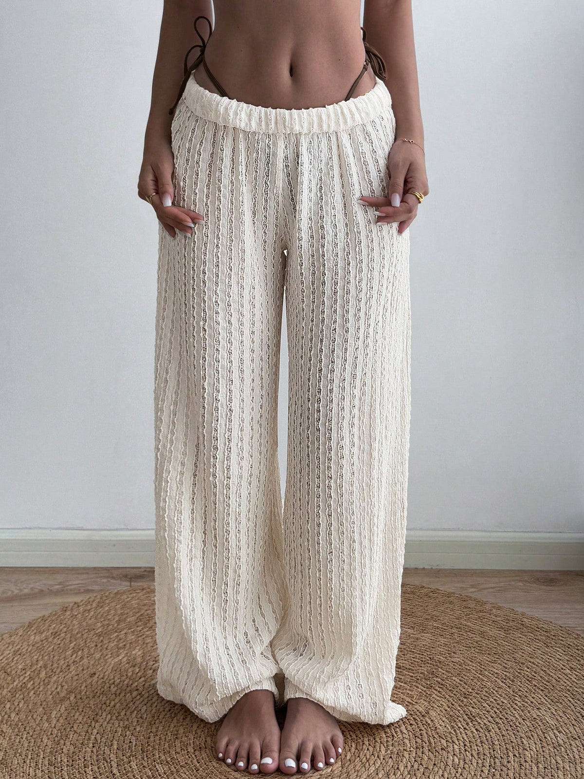 Women's Casual Solid Color Cream Textured Sheer Sexy Jacquard Loose Maxi Pants, Suitable For Summer Vacation, Beach, Sports, Daily Wear, Valentine's Day Date