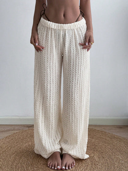 Women's Casual Solid Color Cream Textured Sheer Sexy Jacquard Loose Maxi Pants, Suitable For Summer Vacation, Beach, Sports, Daily Wear, Valentine's Day Date