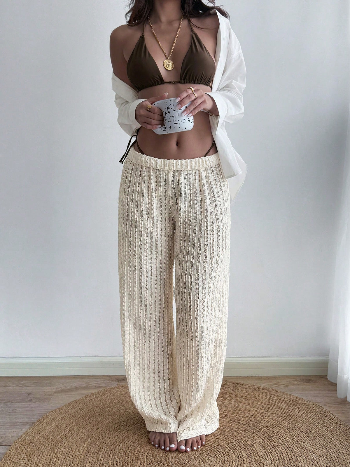 Women's Casual Solid Color Cream Textured Sheer Sexy Jacquard Loose Maxi Pants, Suitable For Summer Vacation, Beach, Sports, Daily Wear, Valentine's Day Date