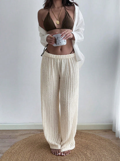 Women's Casual Solid Color Cream Textured Sheer Sexy Jacquard Loose Maxi Pants, Suitable For Summer Vacation, Beach, Sports, Daily Wear, Valentine's Day Date
