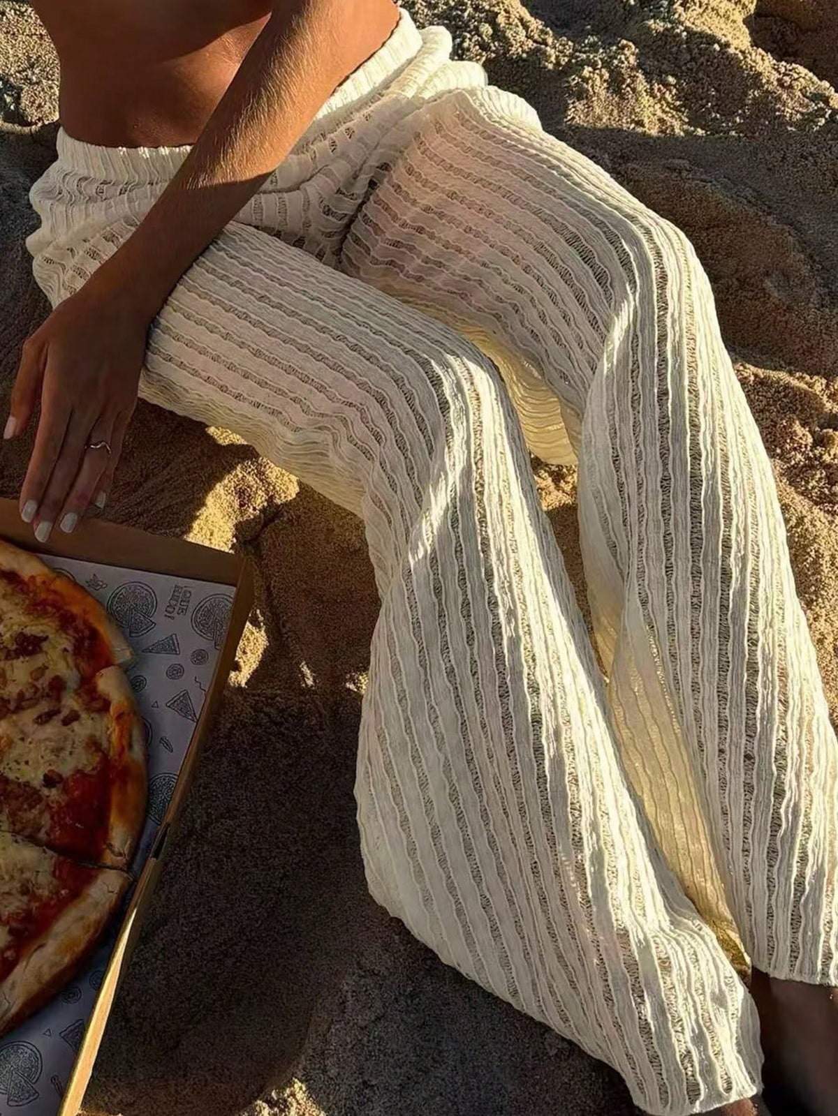 Women's Casual Solid Color Cream Textured Sheer Sexy Jacquard Loose Maxi Pants, Suitable For Summer Vacation, Beach, Sports, Daily Wear, Valentine's Day Date