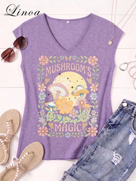 Women's Casual Summer V-Neck Vest| Mushroom's Magic Floral Design| Perfect For Daily Wear, Outdoor Leisure, Loungewear, Back-To-School Season, Mother's Day & More Summer Occasions| Daily Gift.