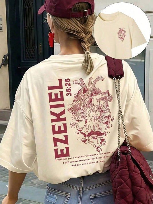 Women's Christian Faith Loose T-Shirt, Comfortable Stretchy Round Neck T-Shirt Printed With "Ezekiel 36:26" Anatomical Heart And Bible Verse Plus