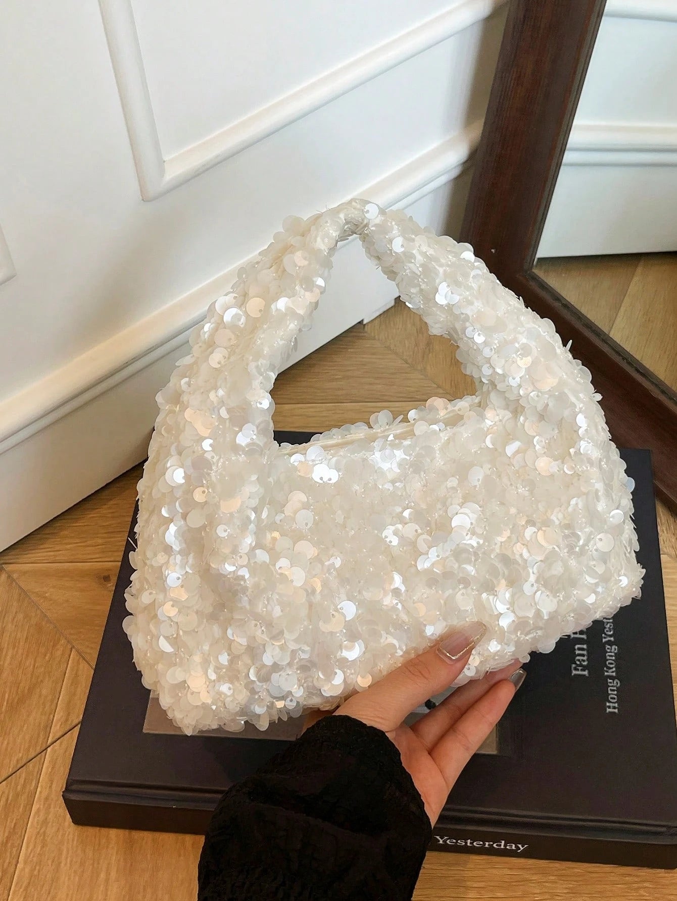 Women's Clutch Bag Shiny Sequins Handbag, Elegant Party Wedding Sophisticated Charming White Purse, Sequin