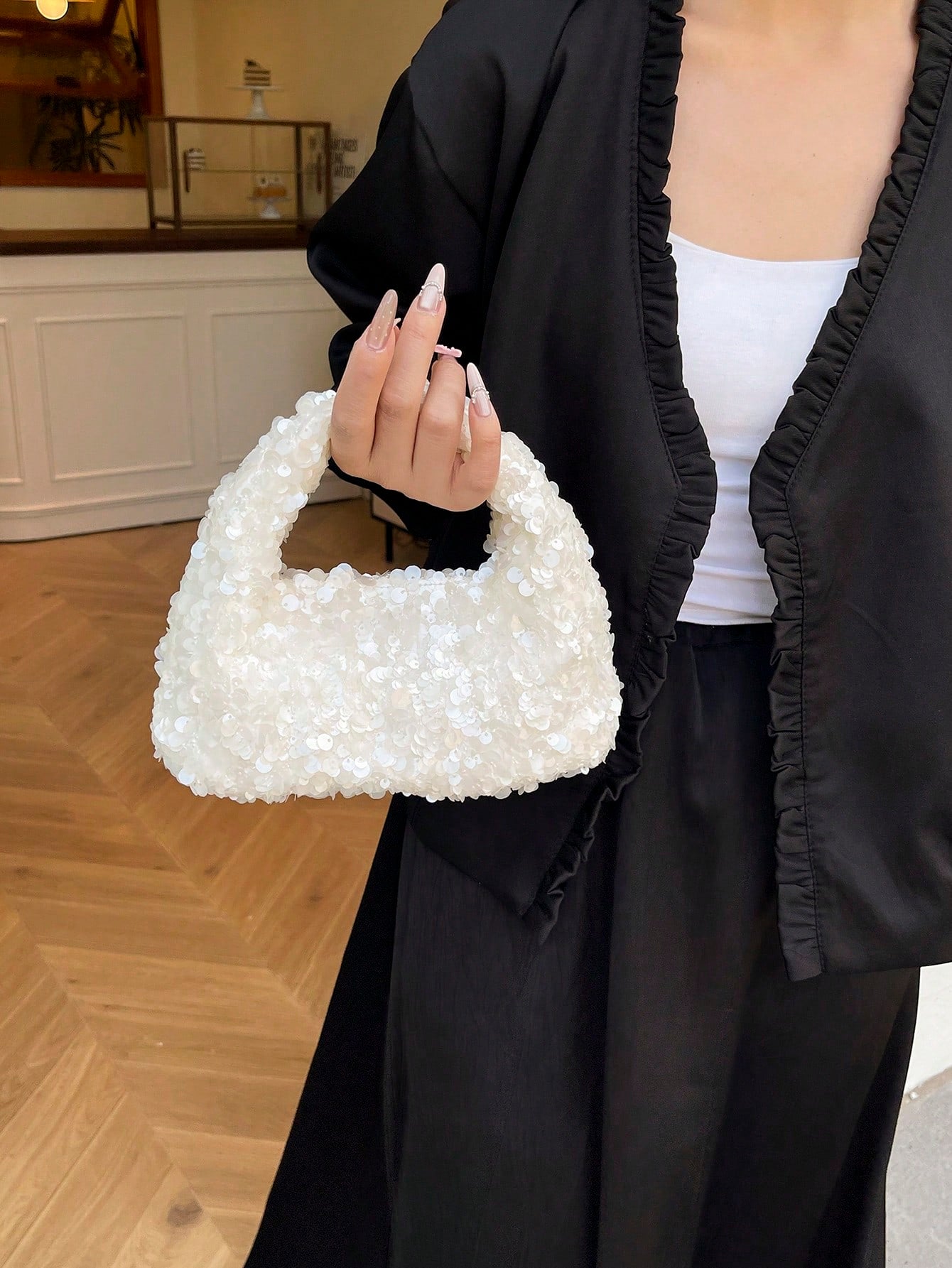 Women's Clutch Bag Shiny Sequins Handbag, Elegant Party Wedding Sophisticated Charming White Purse, Sequin