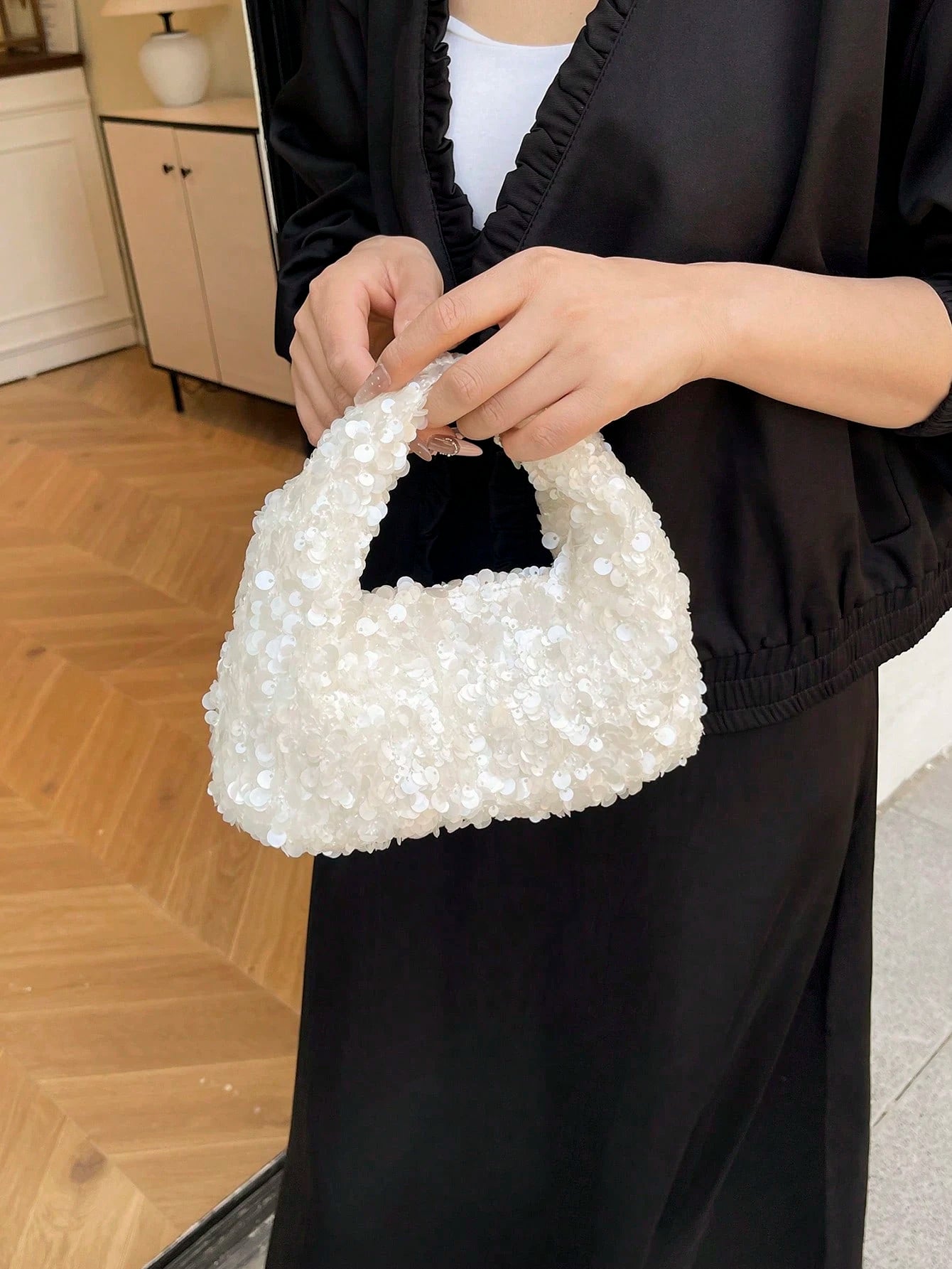 Women's Clutch Bag Shiny Sequins Handbag, Elegant Party Wedding Sophisticated Charming White Purse, Sequin