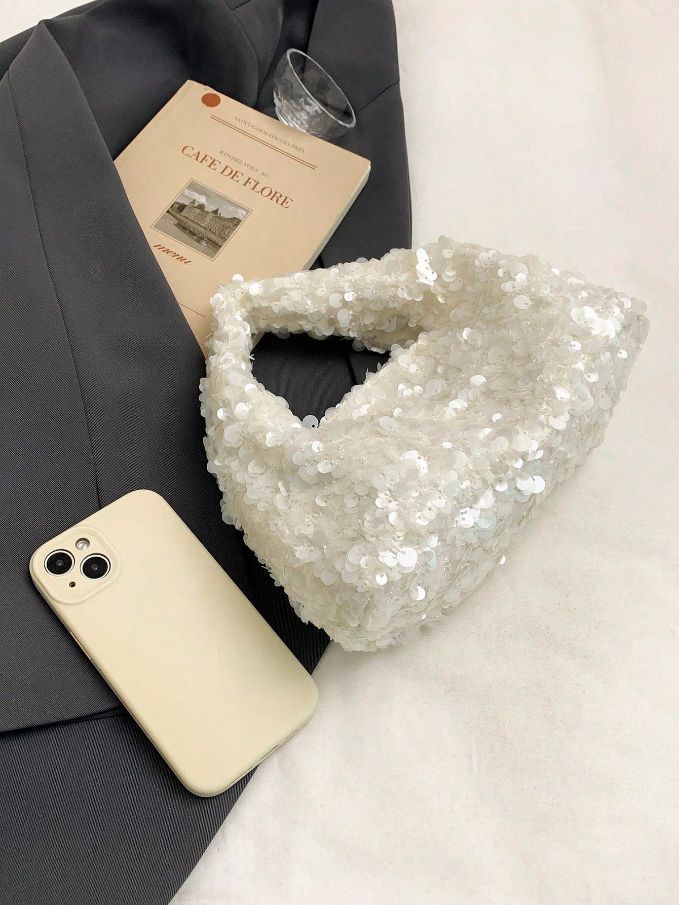 Women's Clutch Bag Shiny Sequins Handbag, Elegant Party Wedding Sophisticated Charming White Purse, Sequin