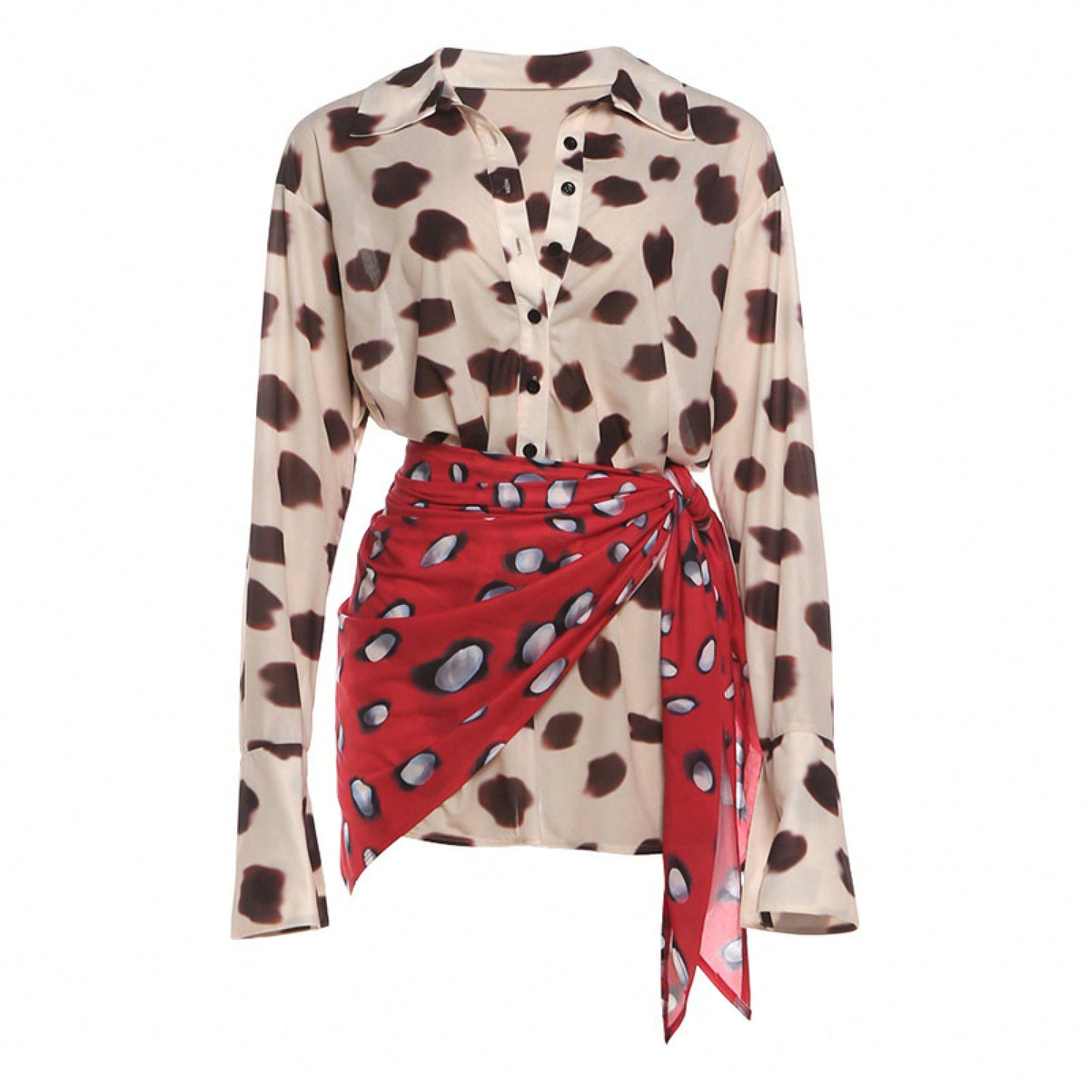 Women's Contrast Animal Print Matching Outfit, Beige Brown Leopard Collared Shirt Red Polka Dot Tie Wrap Skirt Two Piece