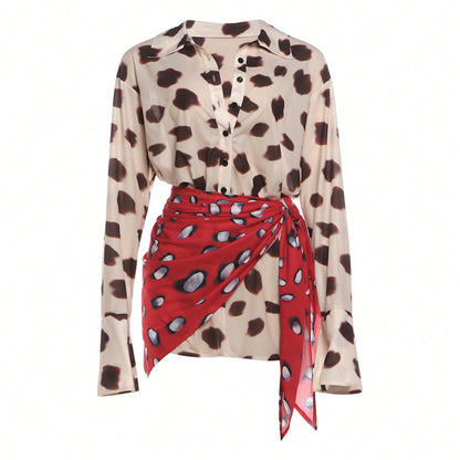 Women's Contrast Animal Print Matching Outfit, Beige Brown Leopard Collared Shirt Red Polka Dot Tie Wrap Skirt Two Piece