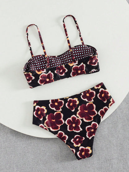 Women's Cute Spring/Summer Vacation Print Flat Chest Spaghetti Strap Bikini Two Pieces Set With High-Waist Swim Bottoms Beach, Vacationcore