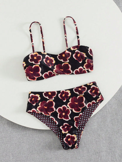 Women's Cute Spring/Summer Vacation Print Flat Chest Spaghetti Strap Bikini Two Pieces Set With High-Waist Swim Bottoms Beach, Vacationcore