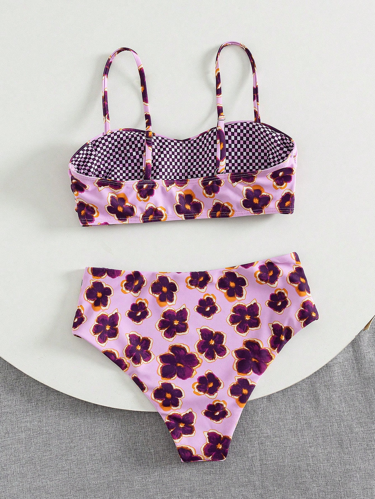 Women's Cute Spring/Summer Vacation Print Flat Chest Spaghetti Strap Bikini Two Pieces Set With High-Waist Swim Bottoms Beach, Vacationcore
