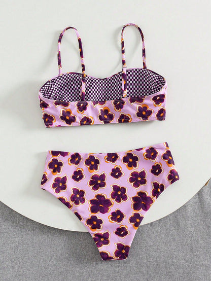 Women's Cute Spring/Summer Vacation Print Flat Chest Spaghetti Strap Bikini Two Pieces Set With High-Waist Swim Bottoms Beach, Vacationcore