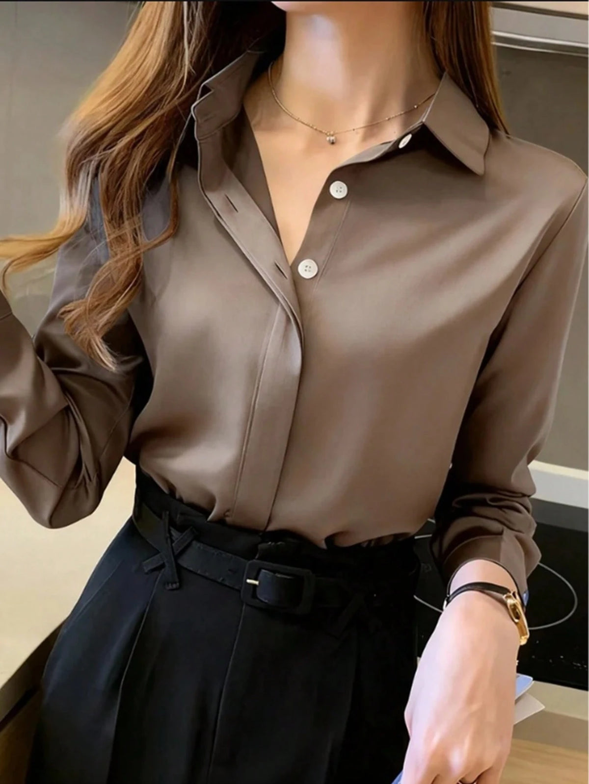 Women's Elegant Black Long Sleeve Blouse, Semi-Sheer Polyester, Button Details, Perfect For Spring/Summer/Autumn