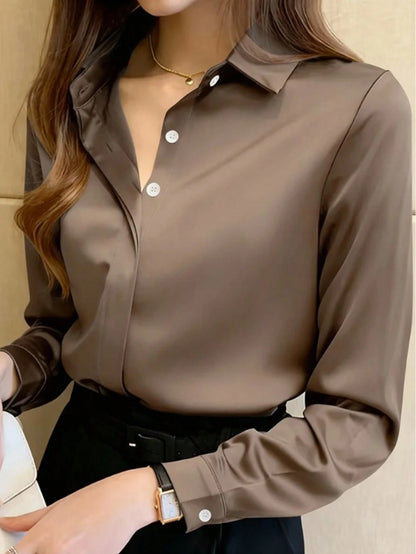 Women's Elegant Black Long Sleeve Blouse, Semi-Sheer Polyester, Button Details, Perfect For Spring/Summer/Autumn