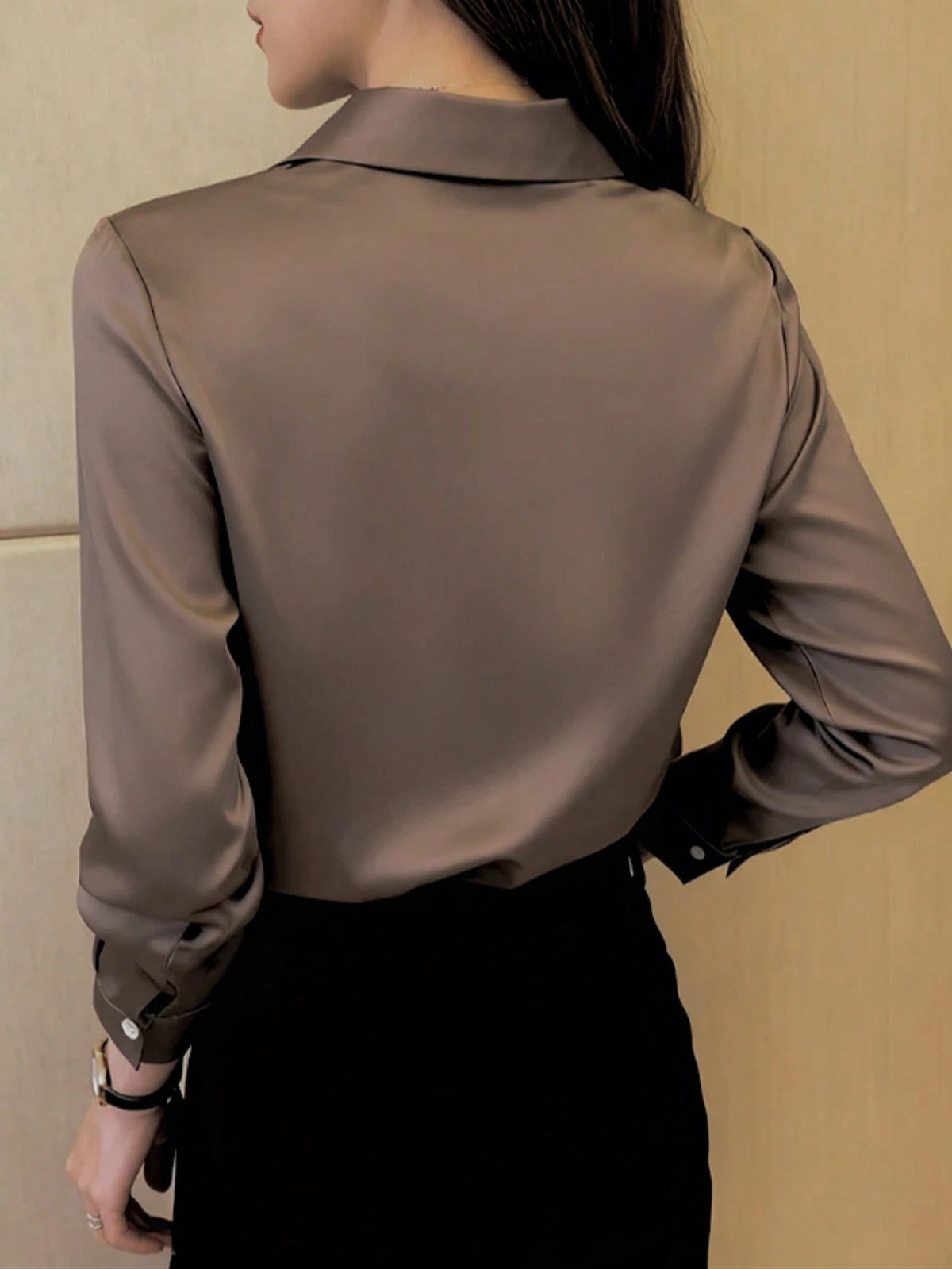 Women's Elegant Black Long Sleeve Blouse, Semi-Sheer Polyester, Button Details, Perfect For Spring/Summer/Autumn