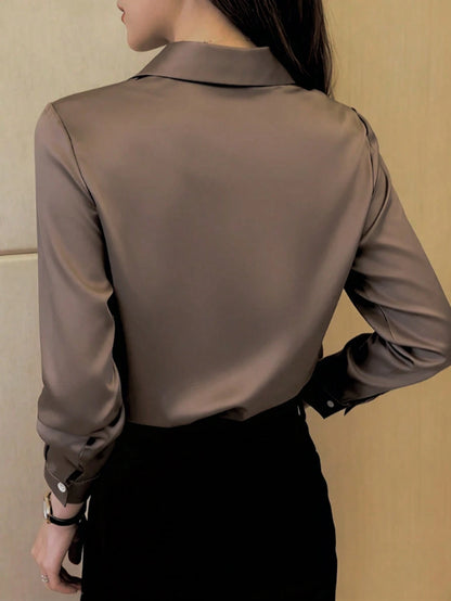 Women's Elegant Black Long Sleeve Blouse, Semi-Sheer Polyester, Button Details, Perfect For Spring/Summer/Autumn