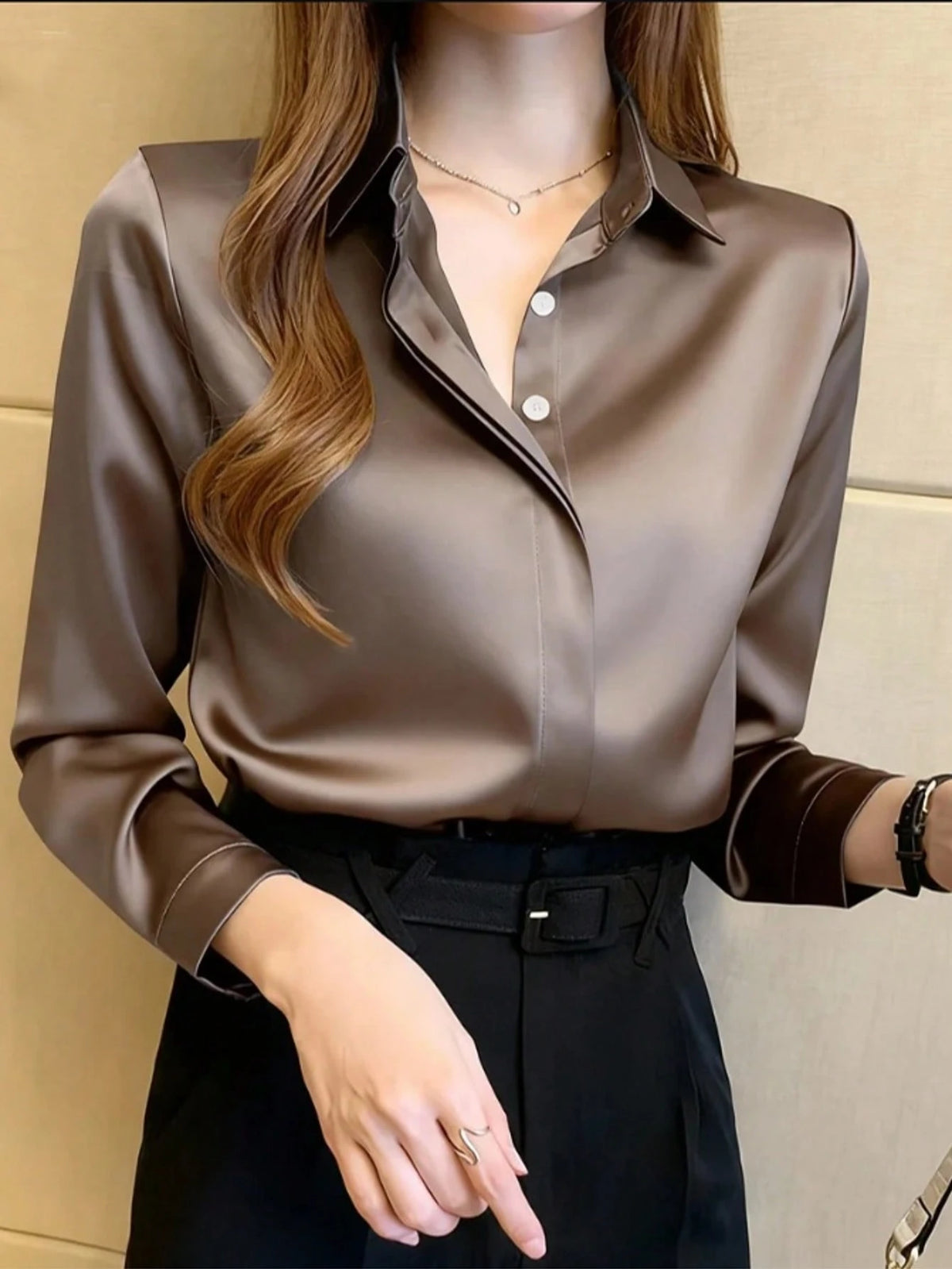 Women's Elegant Black Long Sleeve Blouse, Semi-Sheer Polyester, Button Details, Perfect For Spring/Summer/Autumn