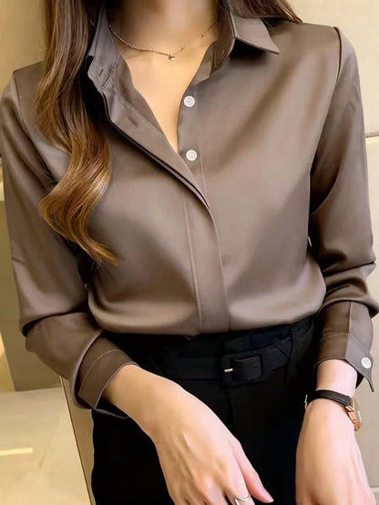 Women's Elegant Black Long Sleeve Blouse, Semi-Sheer Polyester, Button Details, Perfect For Spring/Summer/Autumn