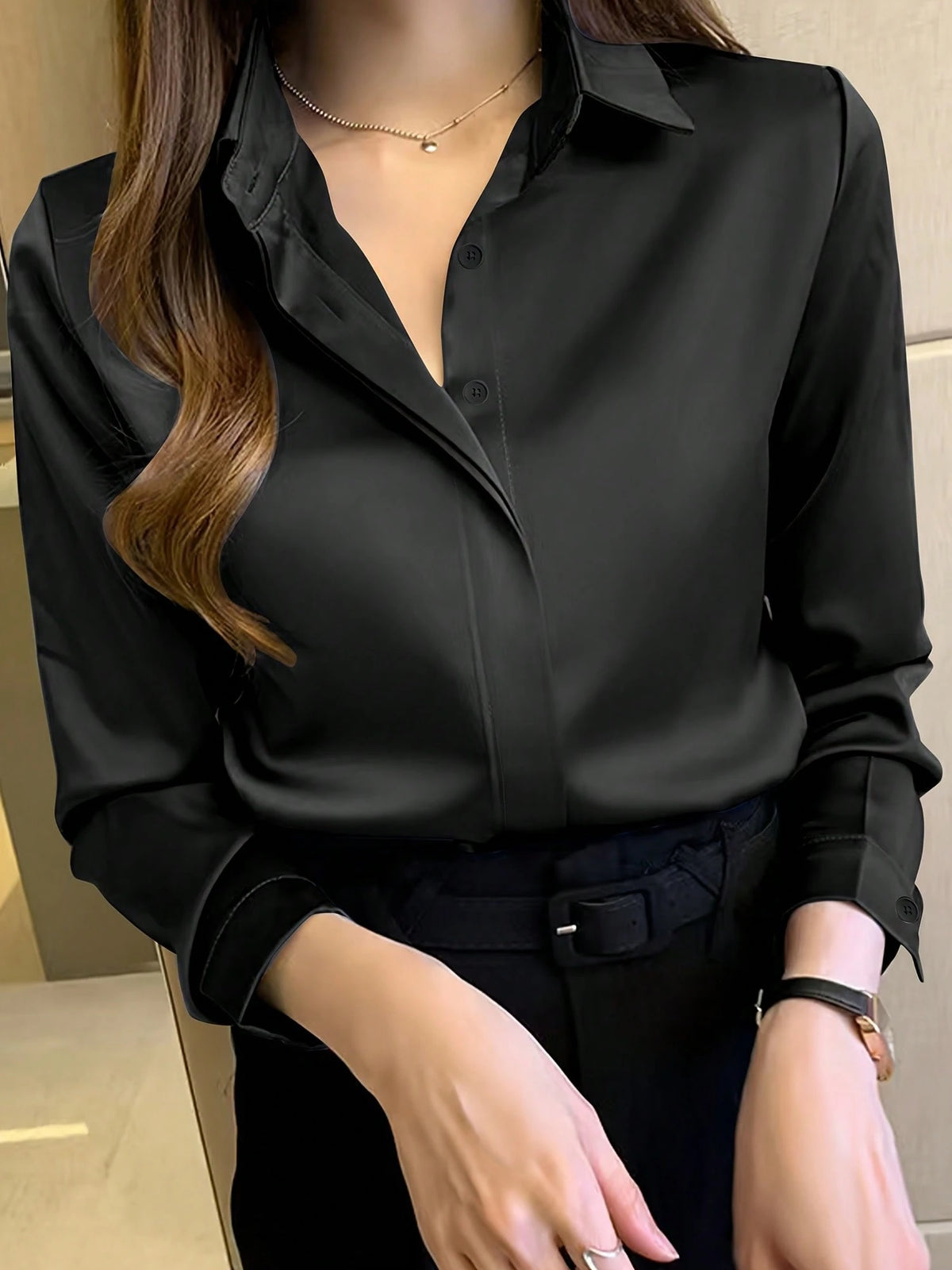 Women's Elegant Black Long Sleeve Blouse, Semi-Sheer Polyester, Button Details, Perfect For Spring/Summer/Autumn
