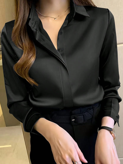 Women's Elegant Black Long Sleeve Blouse, Semi-Sheer Polyester, Button Details, Perfect For Spring/Summer/Autumn