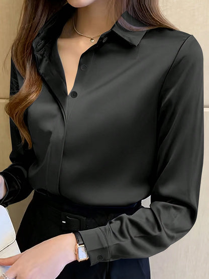 Women's Elegant Black Long Sleeve Blouse, Semi-Sheer Polyester, Button Details, Perfect For Spring/Summer/Autumn