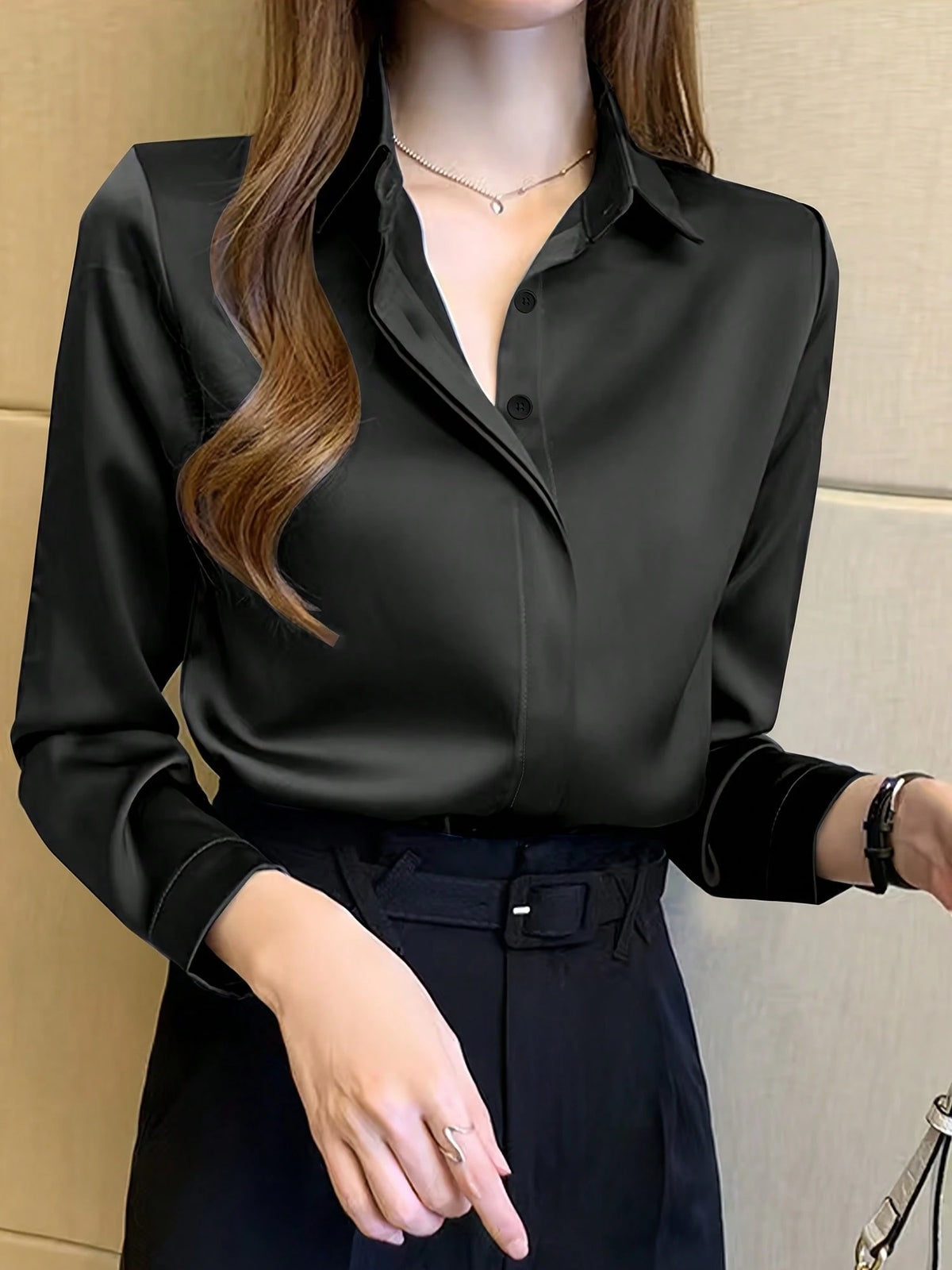 Women's Elegant Black Long Sleeve Blouse, Semi-Sheer Polyester, Button Details, Perfect For Spring/Summer/Autumn